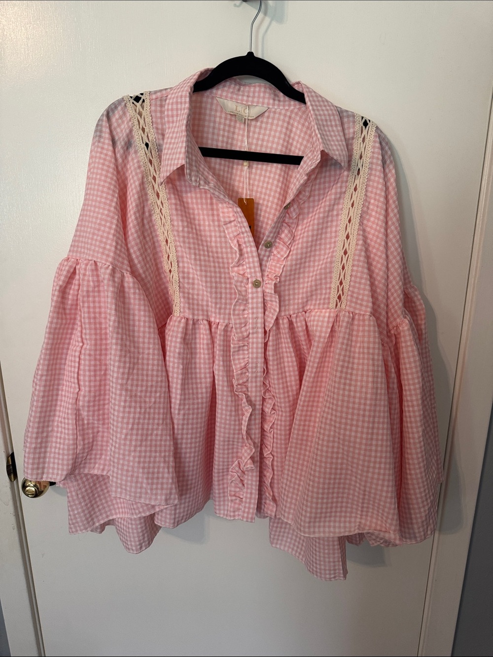Pink Gingham Ruffle Button-Front Women's Top NWT, new with tags